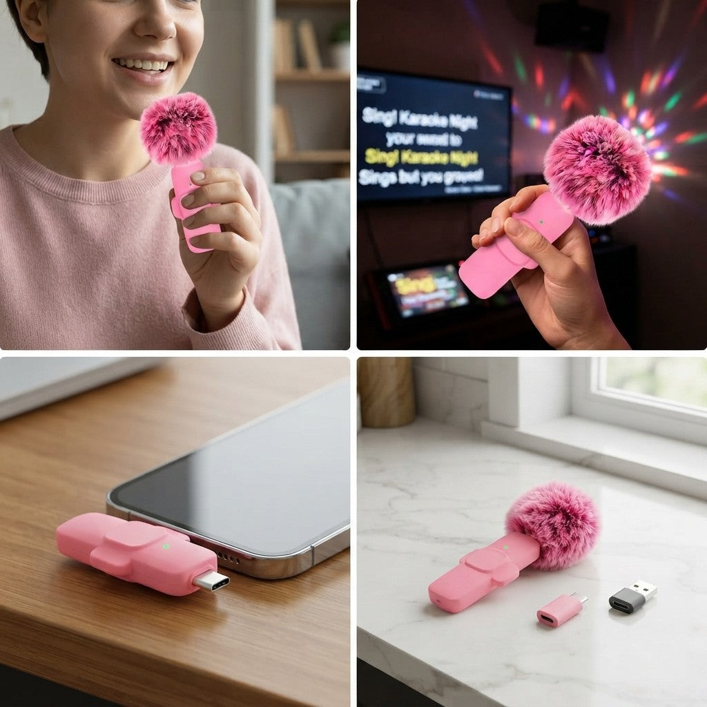 Pink pom-pom wireless lavalier microphone shown in use and plugged into a phone